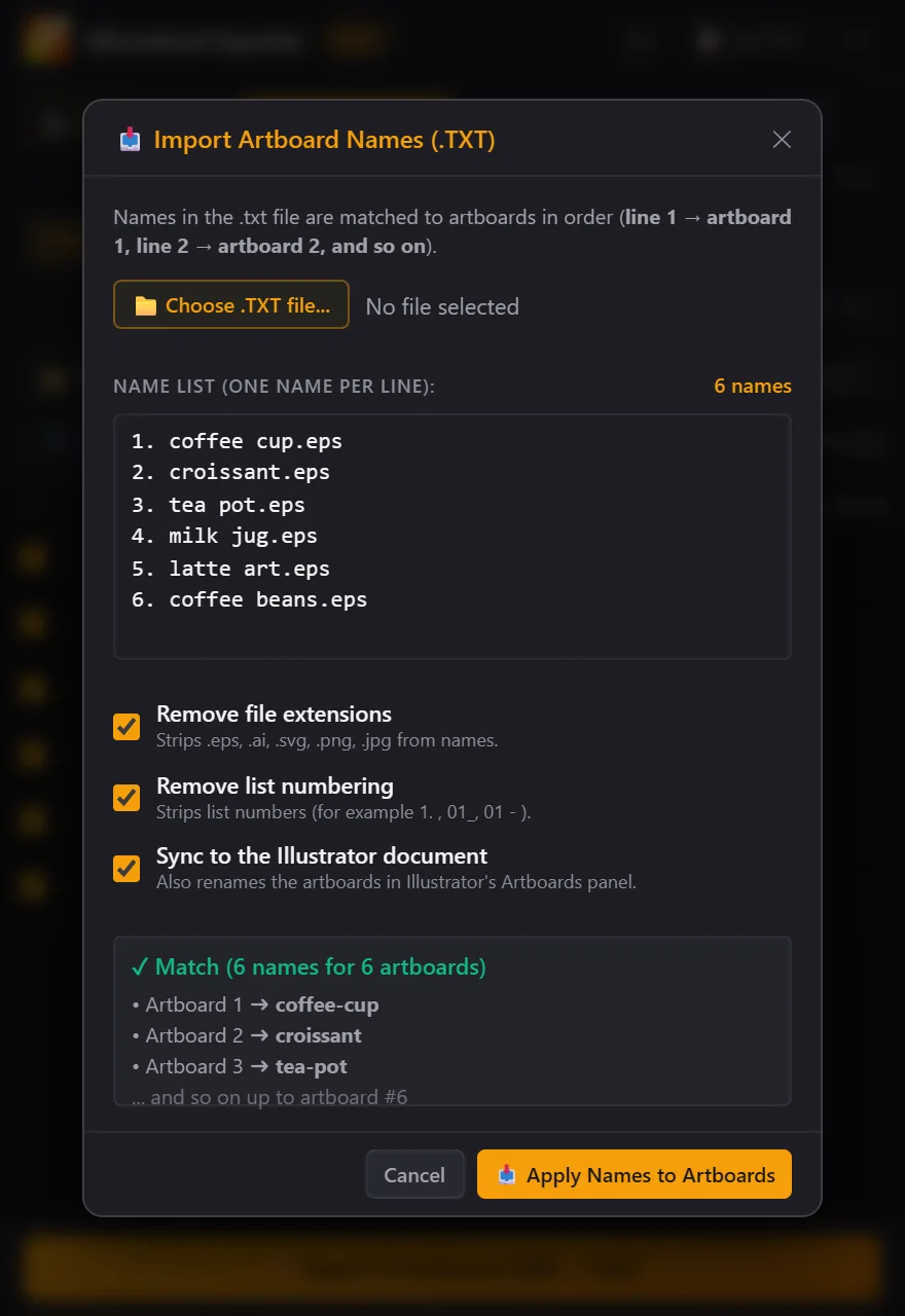 Import TXT window with six matching names