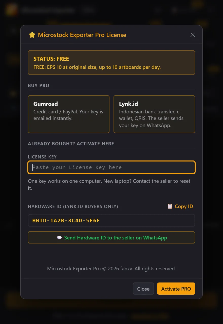 Licence window with Gumroad and Lynk.id buttons, the License Key field, and the Hardware ID