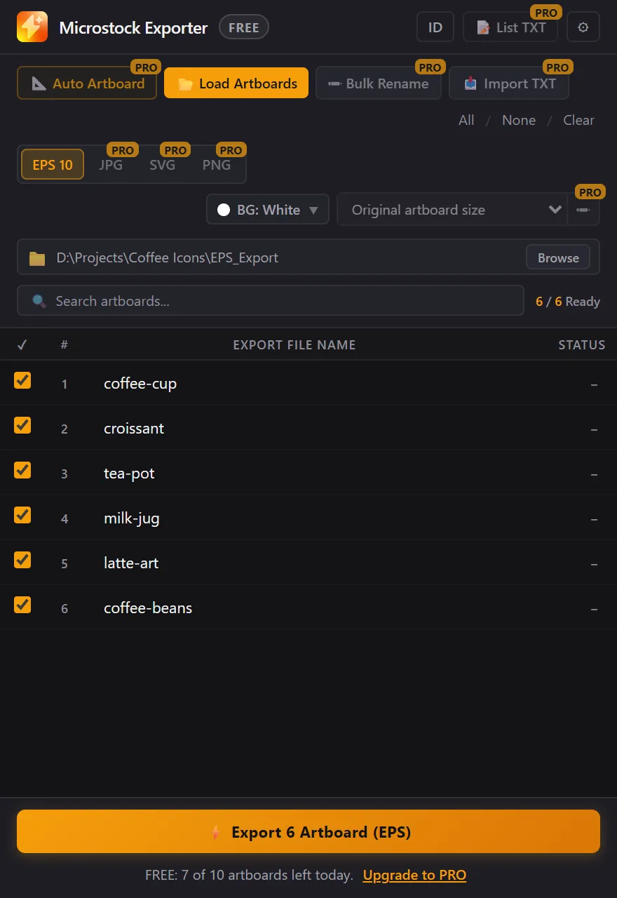 Panel in FREE mode with PRO labels on locked features and the daily quota at the bottom