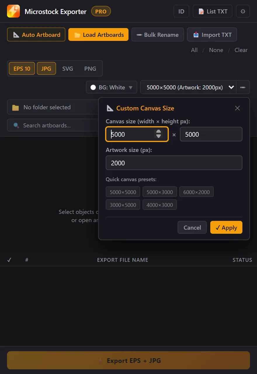 Custom canvas size window