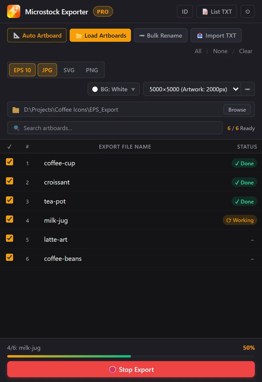 Export in progress with a progress bar and a Stop button