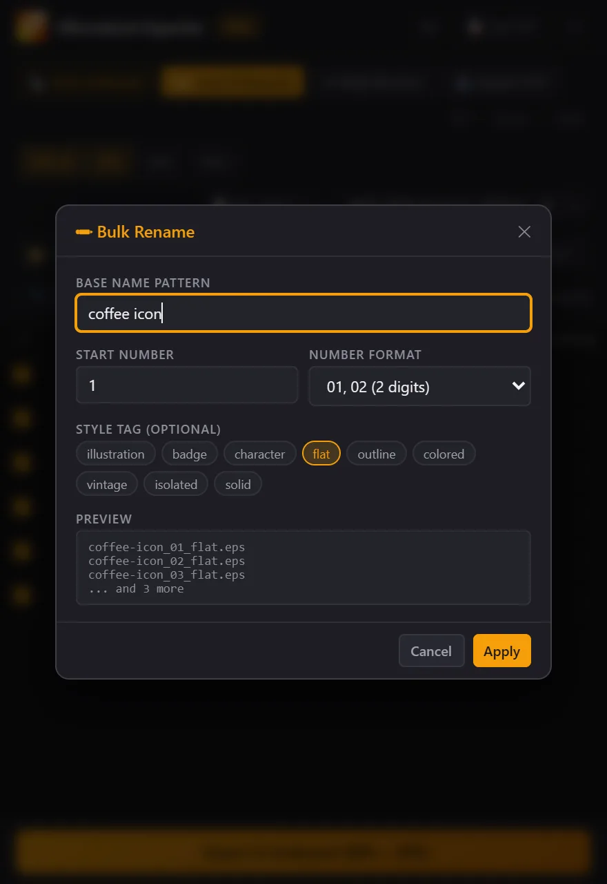 Bulk Rename window with the flat tag