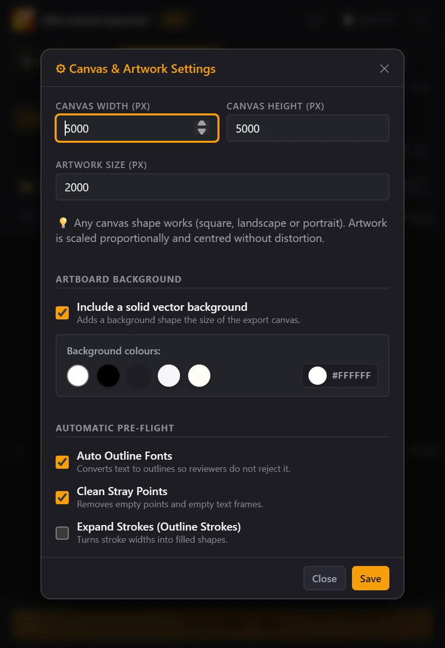 Settings window for canvas, background, and pre-flight