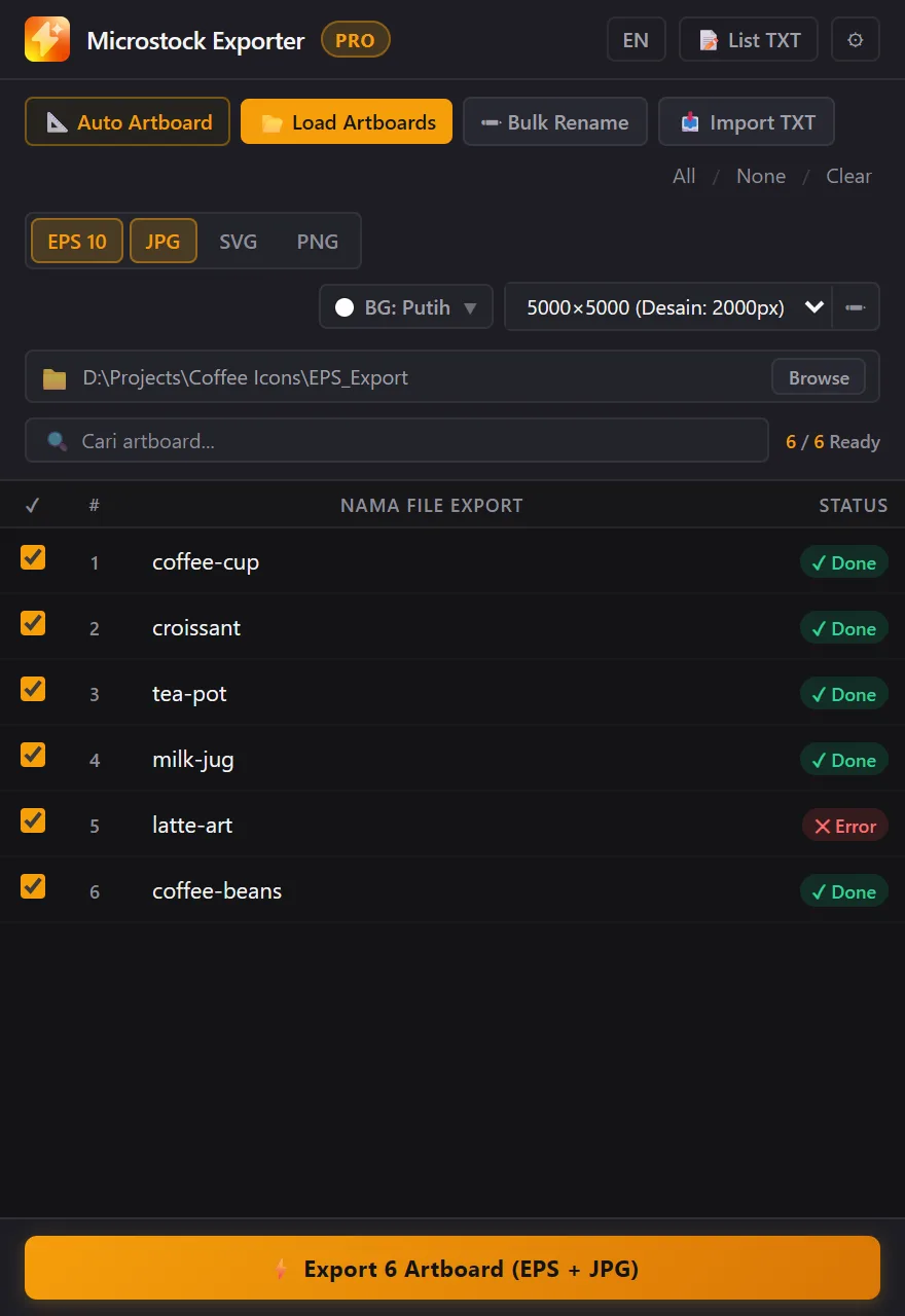 Export selesai dengan status Done dan satu Error