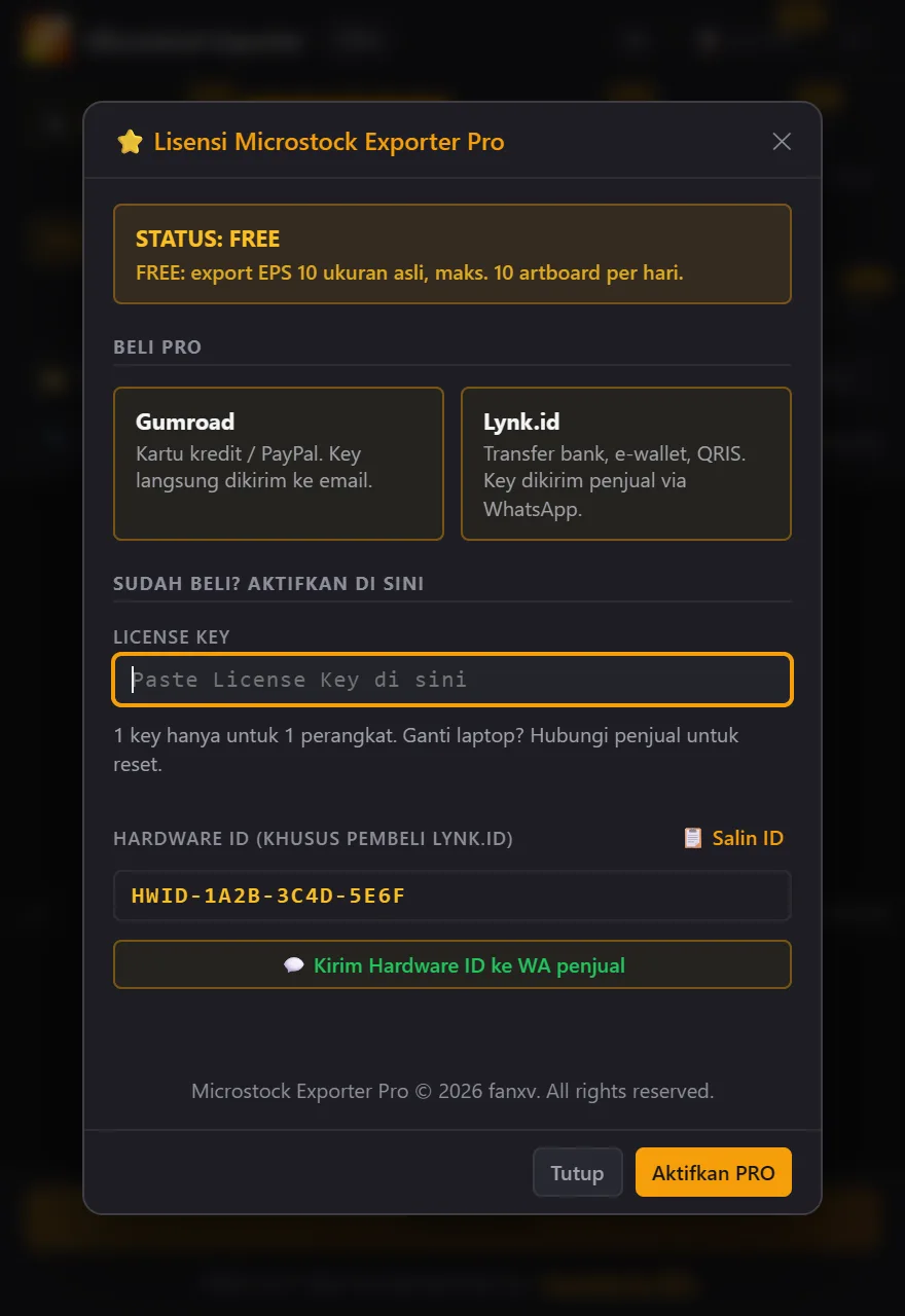 Jendela lisensi berisi tombol Gumroad dan Lynk.id, kolom License Key, dan Hardware ID