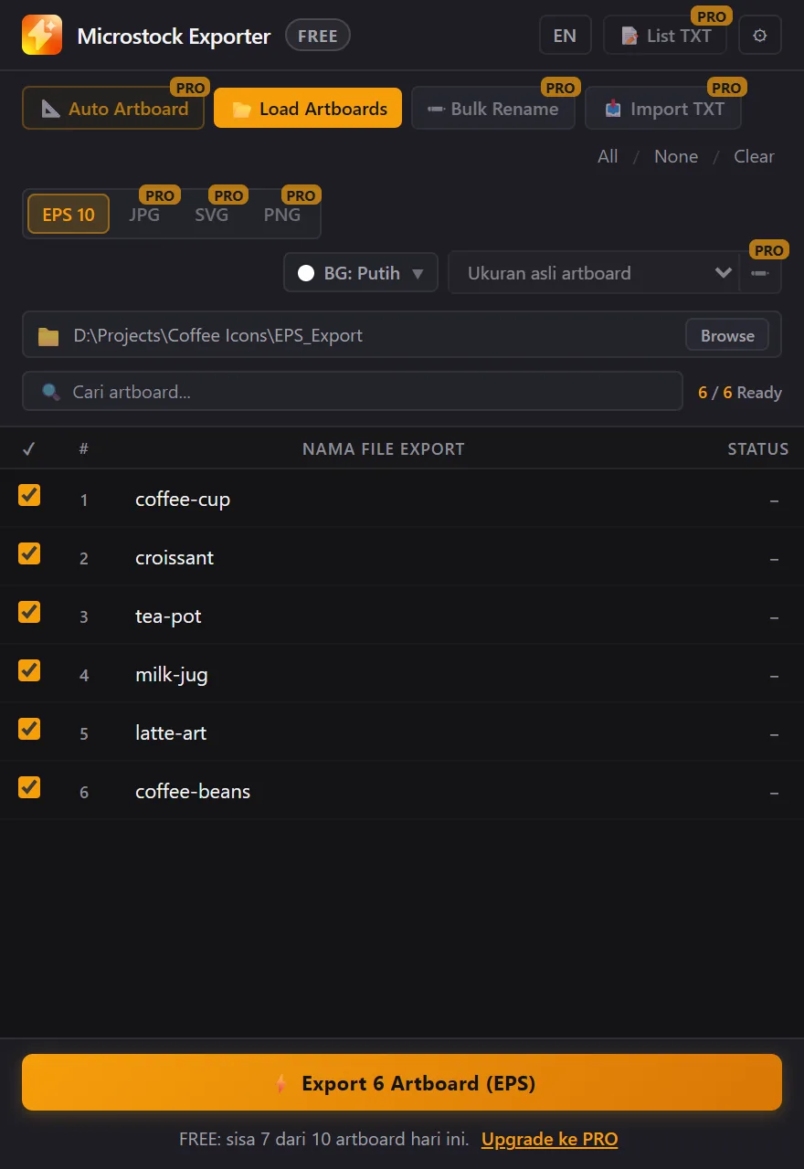 Panel mode FREE dengan label PRO pada fitur terkunci dan kuota harian di bawah
