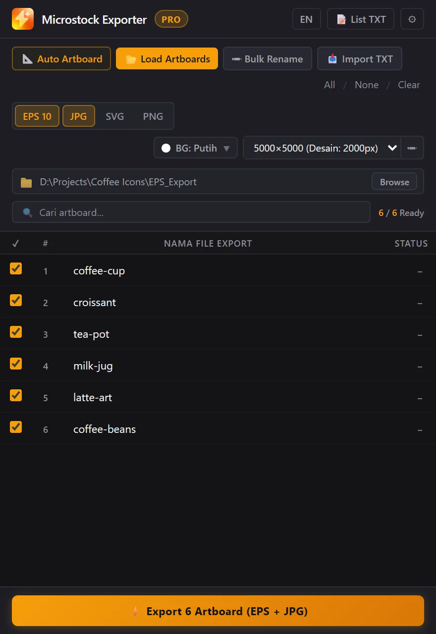Panel PRO dengan enam artboard siap export
