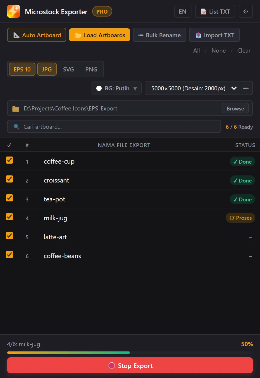 Proses export dengan progress bar dan tombol Stop