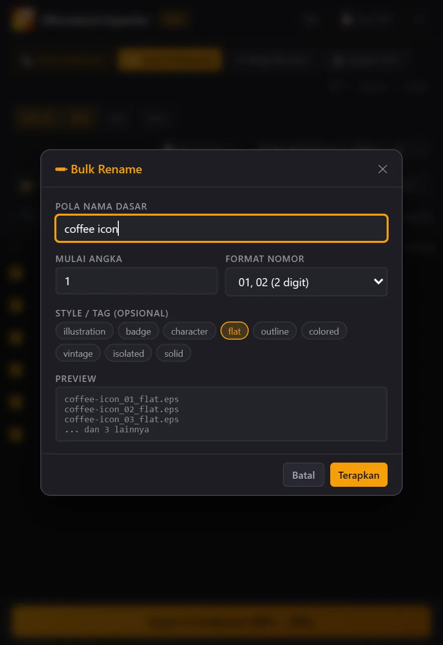 Jendela Bulk Rename dengan tag flat