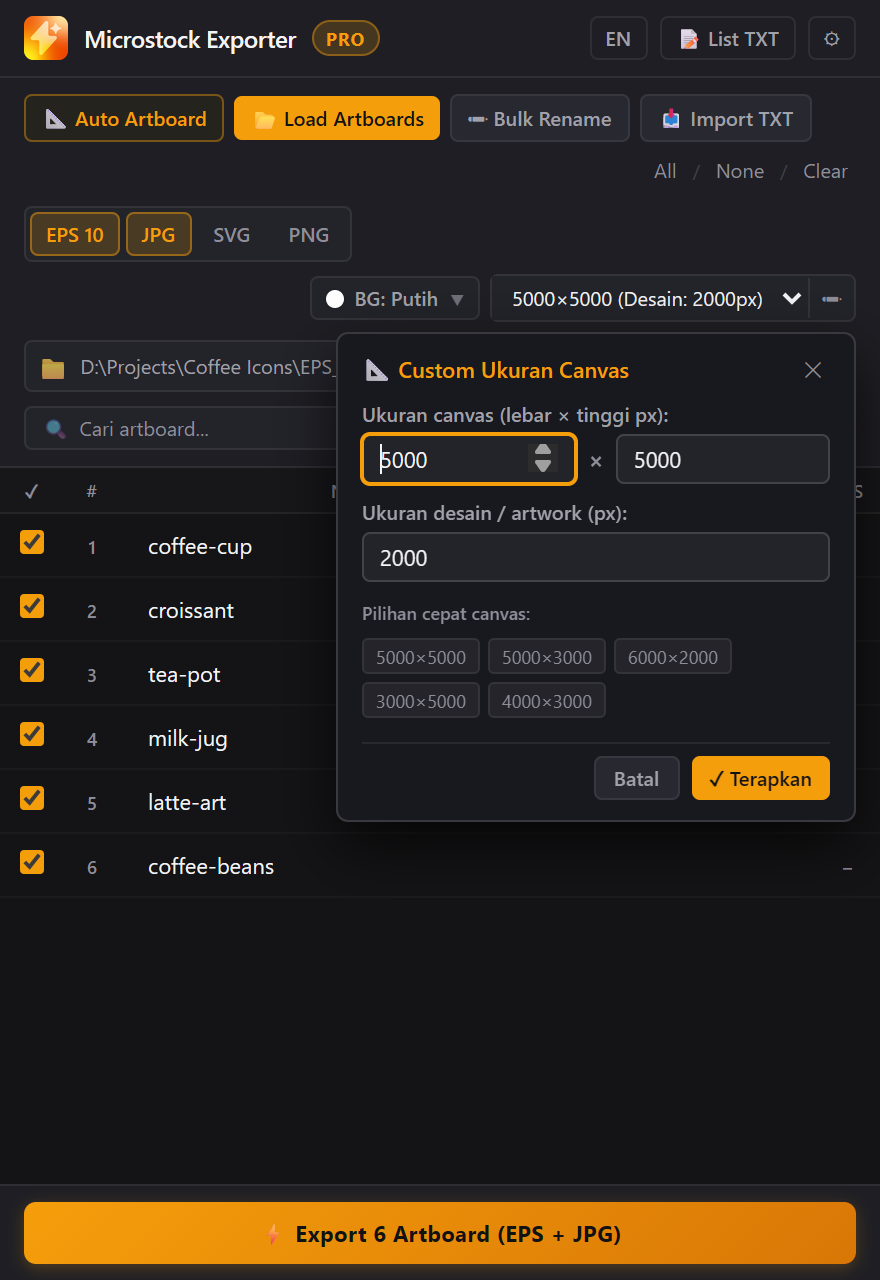 Pengaturan ukuran canvas